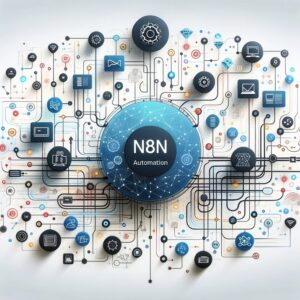 Concept d'automatisation n8n, montrant des workflows et des connexions numériques.